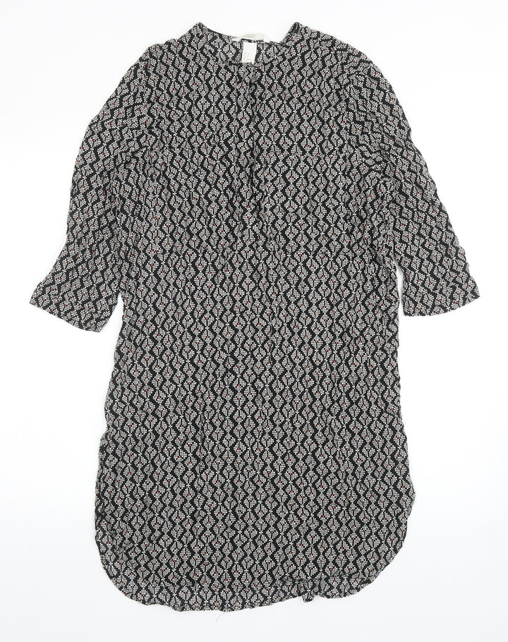 H&M Womens Black Geometric Viscose Kaftan Size 10 Round Neck Button