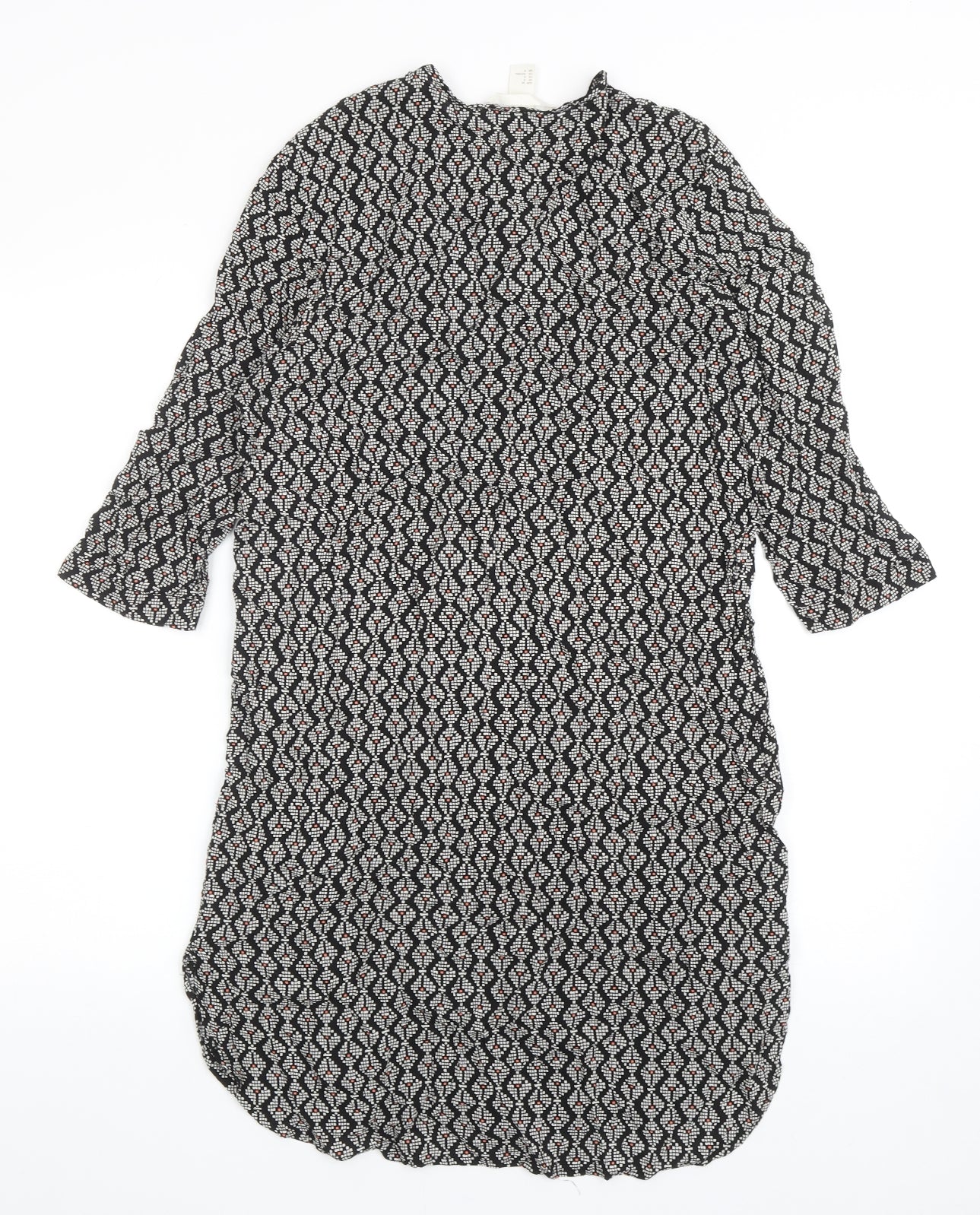 H&M Womens Black Geometric Viscose Kaftan Size 10 Round Neck Button
