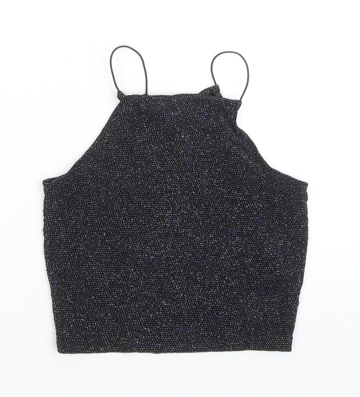 New Look Girls Black Nylon Cropped Tank Size 12-13 Years Square Neck Pullover