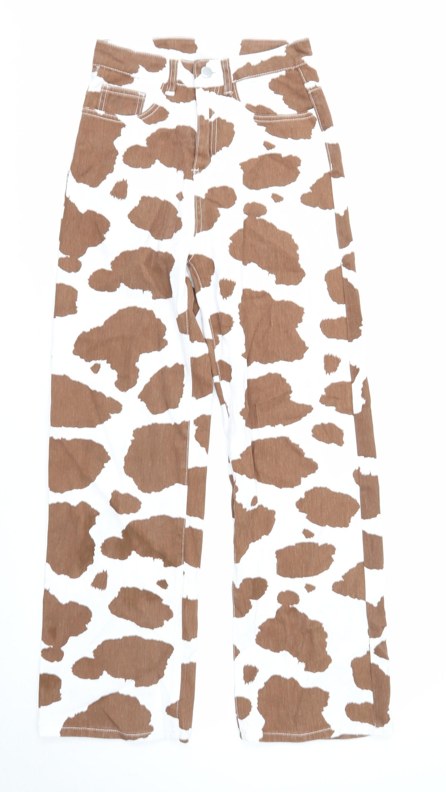 SheIn Womens White Animal Print Cotton Straight Jeans Size XS Regular Zip - Cow Print
