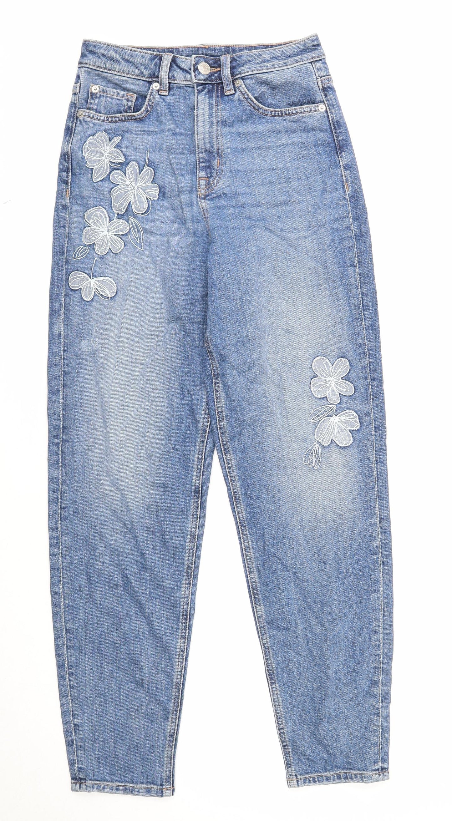 Marks and Spencer Womens Blue Floral Cotton Tapered Jeans Size 6 Regular Zip