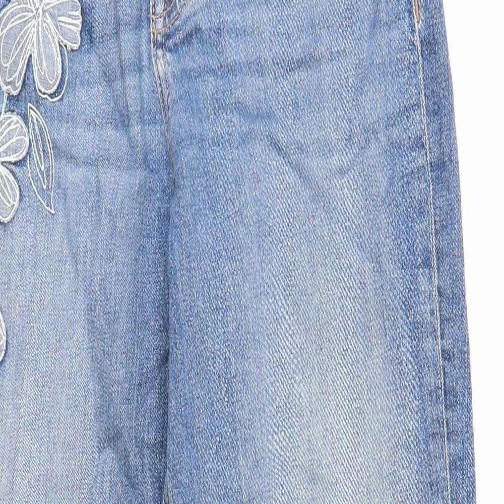 Marks and Spencer Womens Blue Floral Cotton Tapered Jeans Size 6 Regular Zip