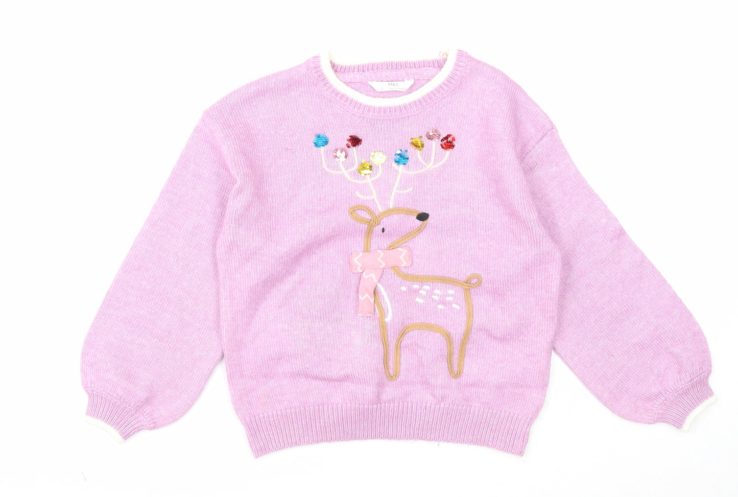 Marks and Spencer Girls Purple Round Neck Polyester Pullover Jumper Size 6-7 Years Pullover - Reindeer Christmas