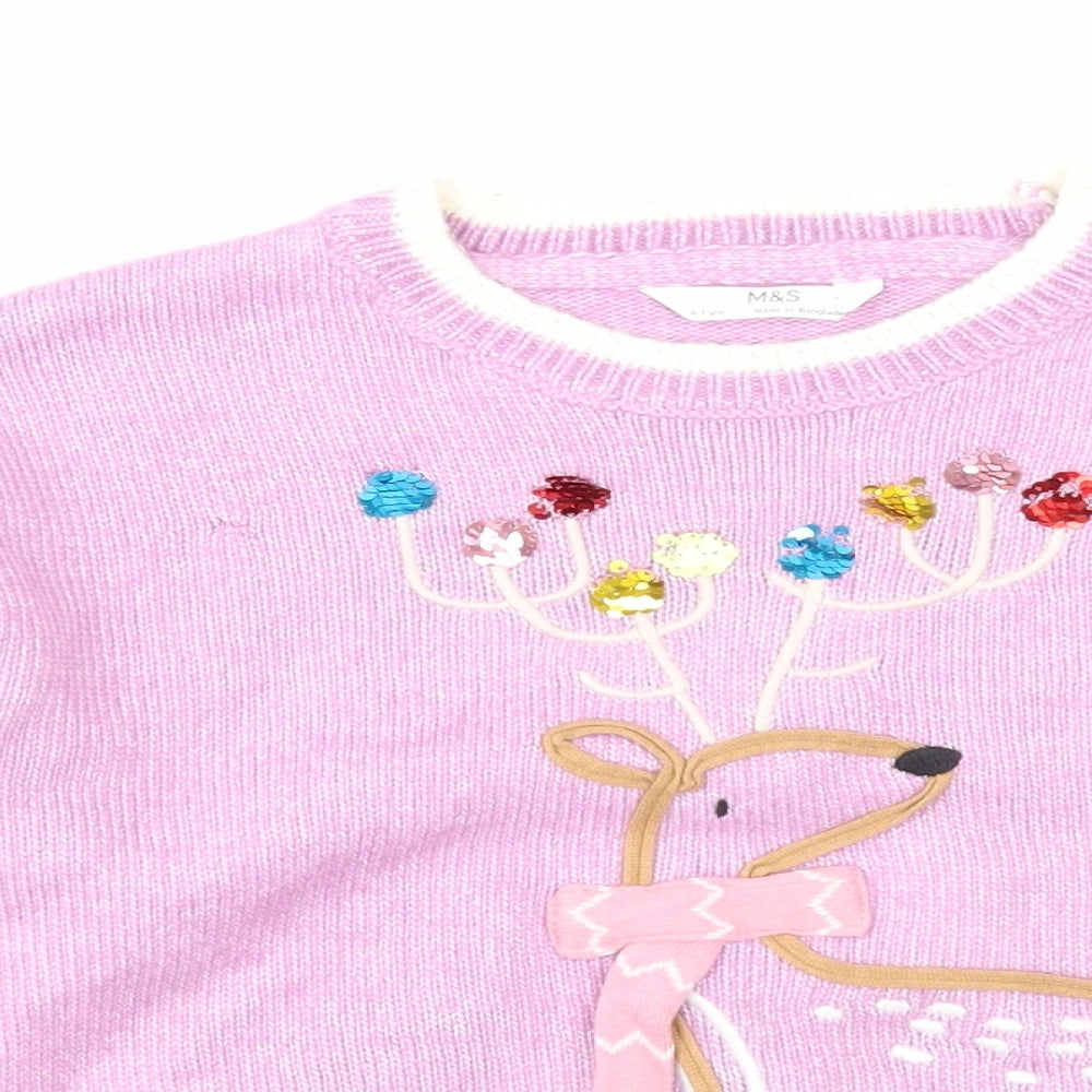 Marks and Spencer Girls Purple Round Neck Polyester Pullover Jumper Size 6-7 Years Pullover - Reindeer Christmas