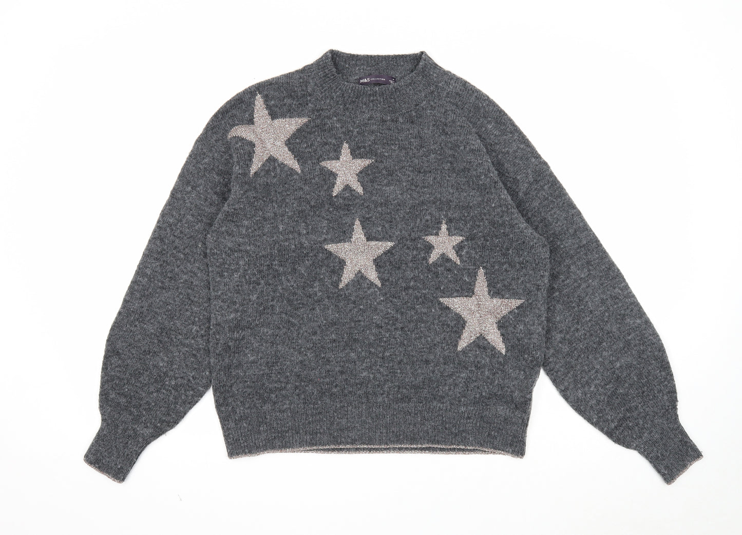 Marks and Spencer Womens Grey Round Neck Geometric Polyester Pullover Jumper Size M - Star Pattern