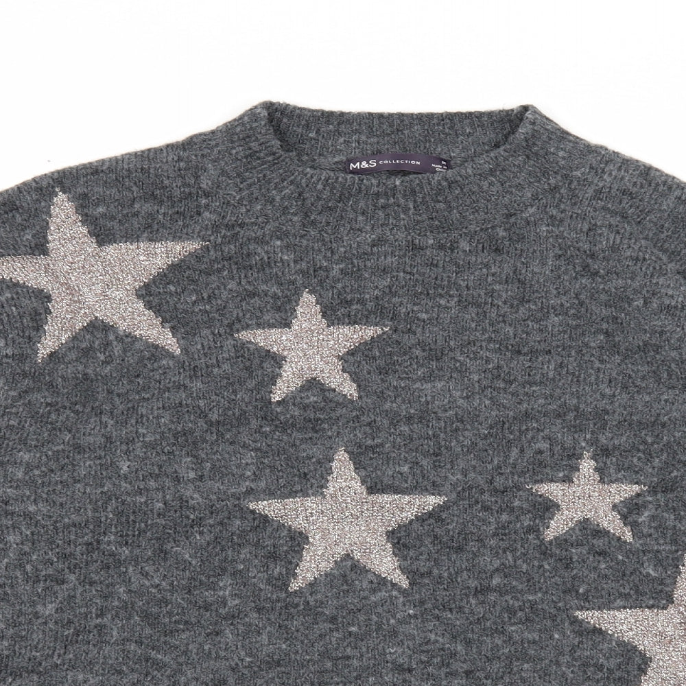 Marks and Spencer Womens Grey Round Neck Geometric Polyester Pullover Jumper Size M - Star Pattern