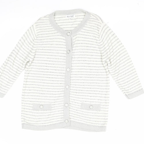 Fay Louise Womens White Round Neck Striped Acetate Cardigan Jumper Size M