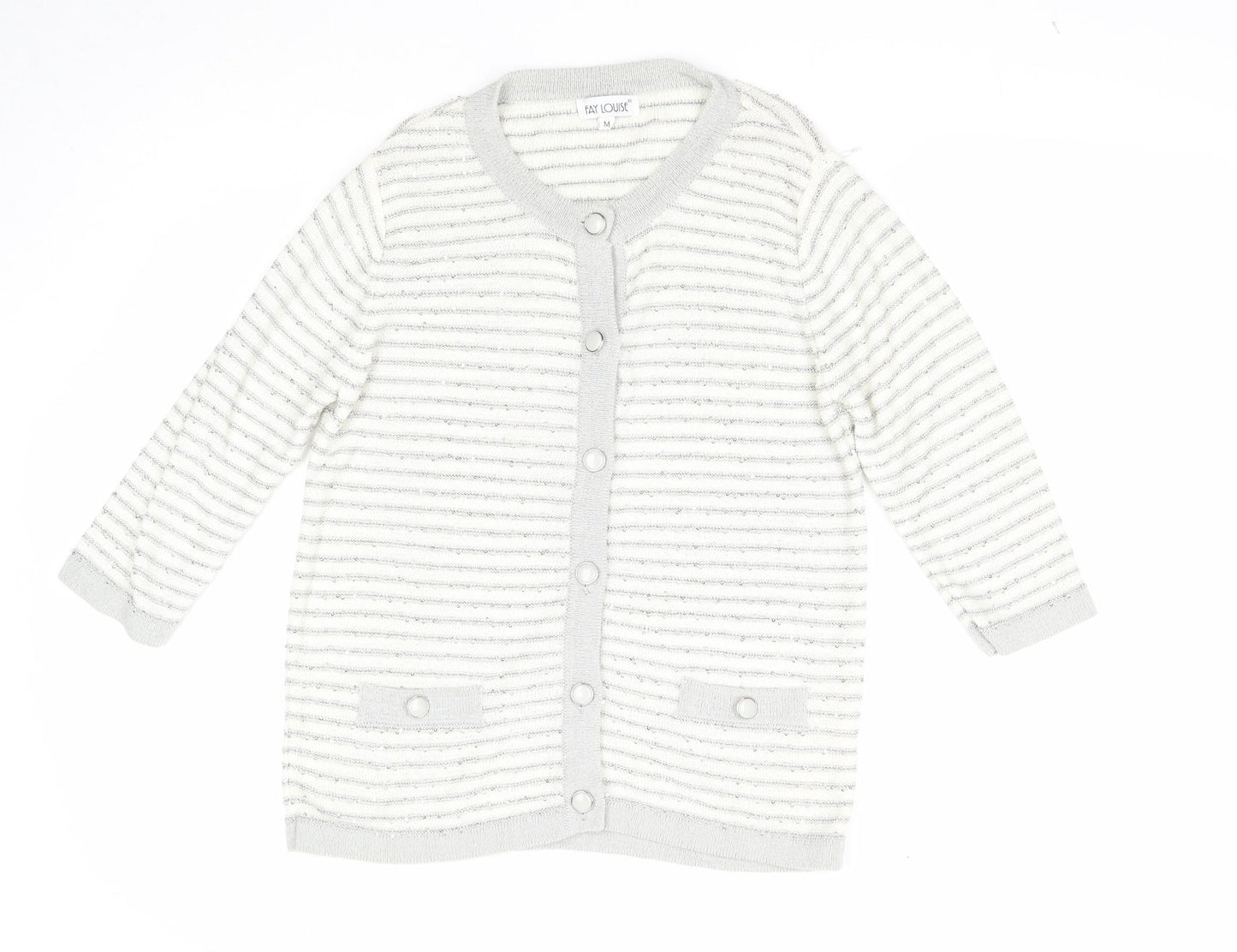 Fay Louise Womens White Round Neck Striped Acetate Cardigan Jumper Size M
