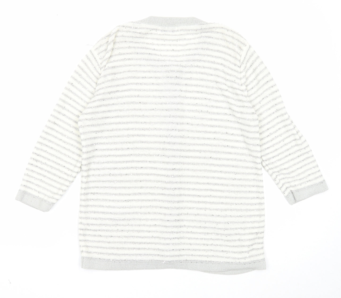 Fay Louise Womens White Round Neck Striped Acetate Cardigan Jumper Size M