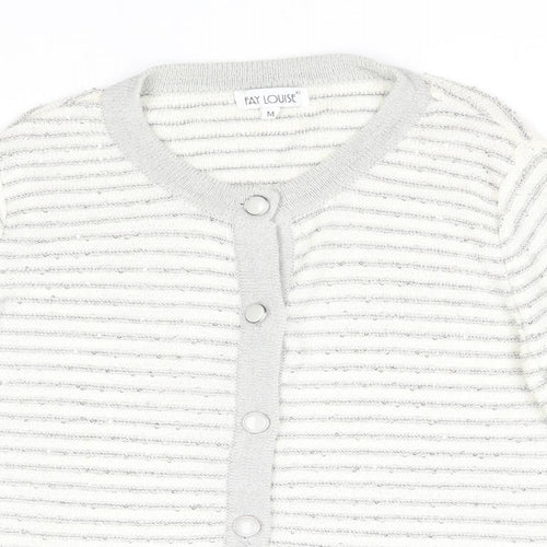 Fay Louise Womens White Round Neck Striped Acetate Cardigan Jumper Size M