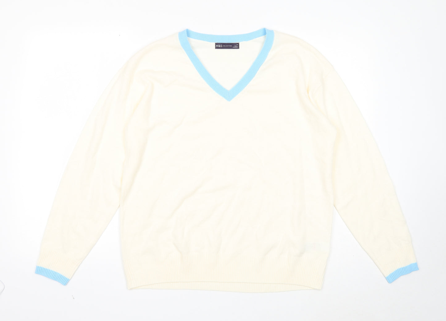Marks and Spencer Womens White V-Neck Acrylic Pullover Jumper Size 14