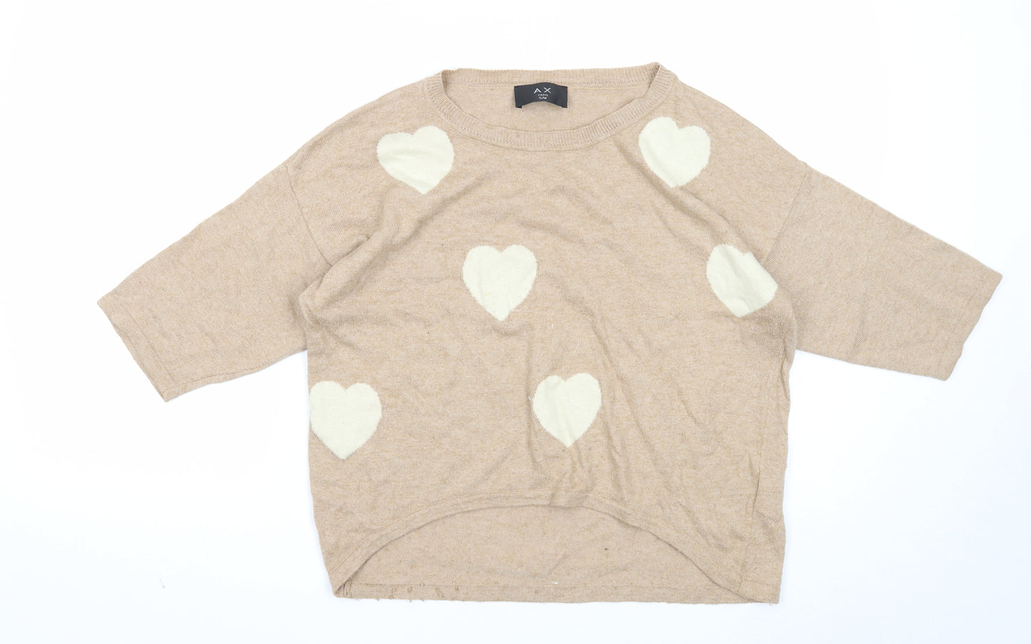 AX Paris Womens Brown Round Neck Geometric Acrylic Pullover Jumper Size S - Heart Pattern
