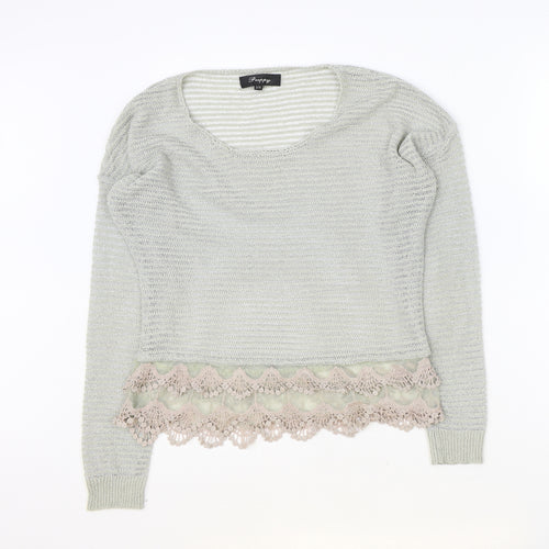 Preppy Womens Grey Scoop Neck Polyester Pullover Jumper Size S - Crochet Lace Trim
