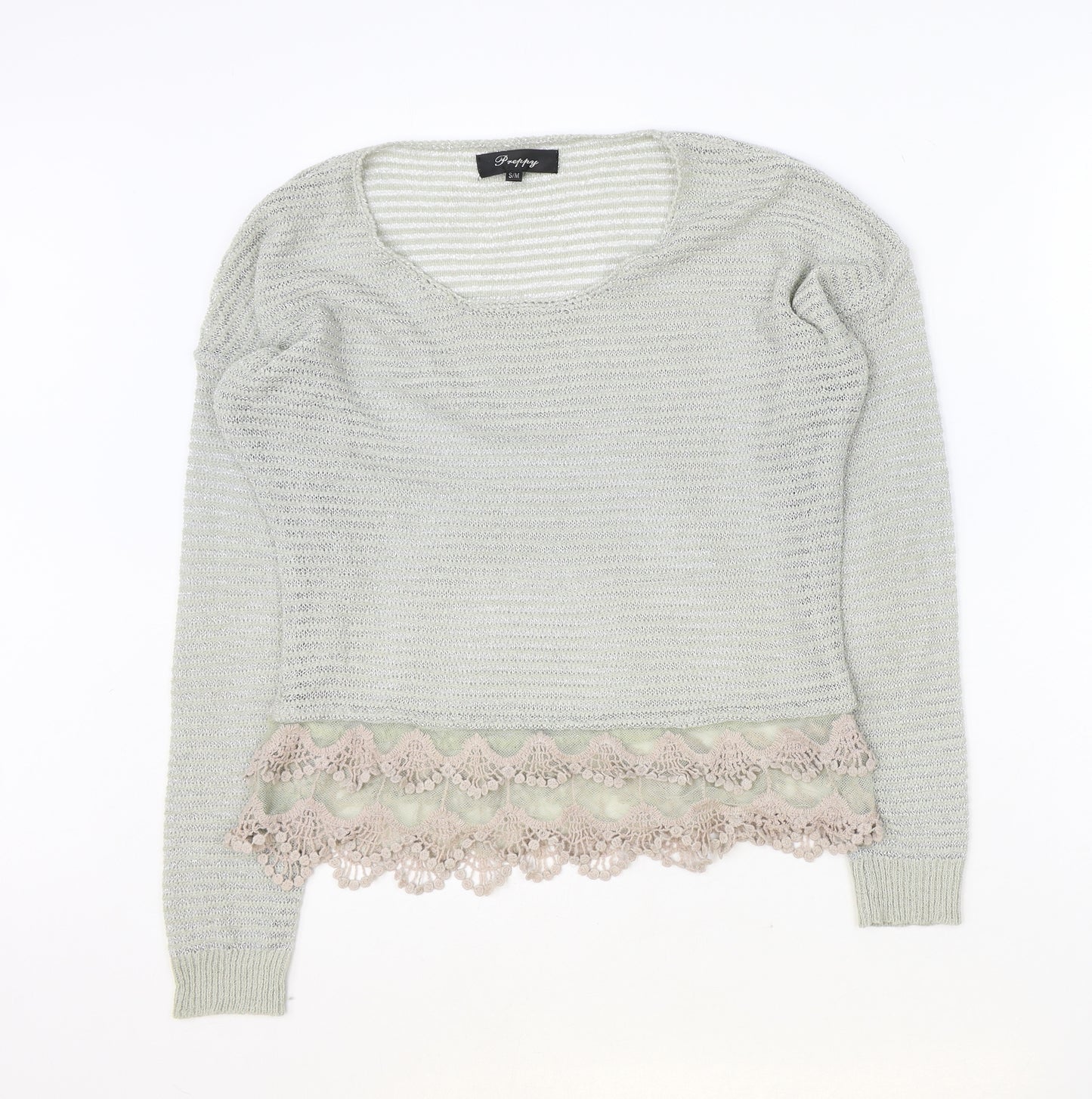 Preppy Womens Grey Scoop Neck Polyester Pullover Jumper Size S - Crochet Lace Trim