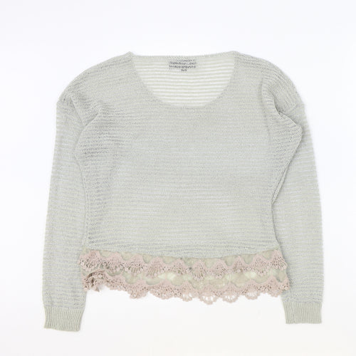 Preppy Womens Grey Scoop Neck Polyester Pullover Jumper Size S - Crochet Lace Trim