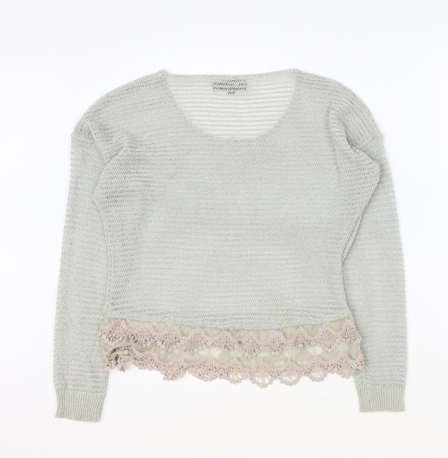 Preppy Womens Grey Scoop Neck Polyester Pullover Jumper Size S - Crochet Lace Trim