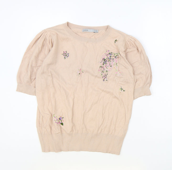 Oasis Womens Pink Floral Viscose Basic Blouse Size L Round Neck