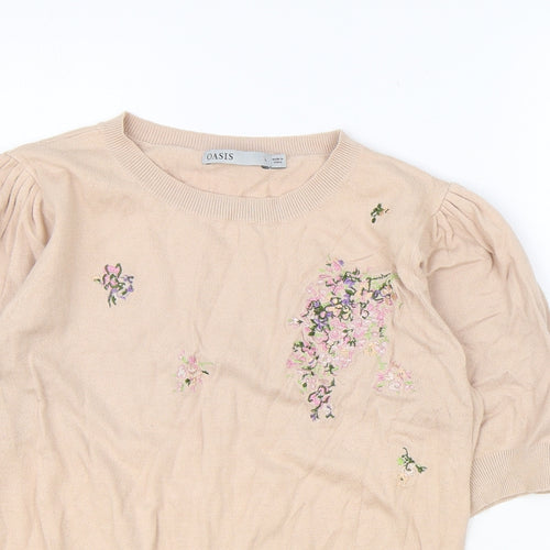 Oasis Womens Pink Floral Viscose Basic Blouse Size L Round Neck