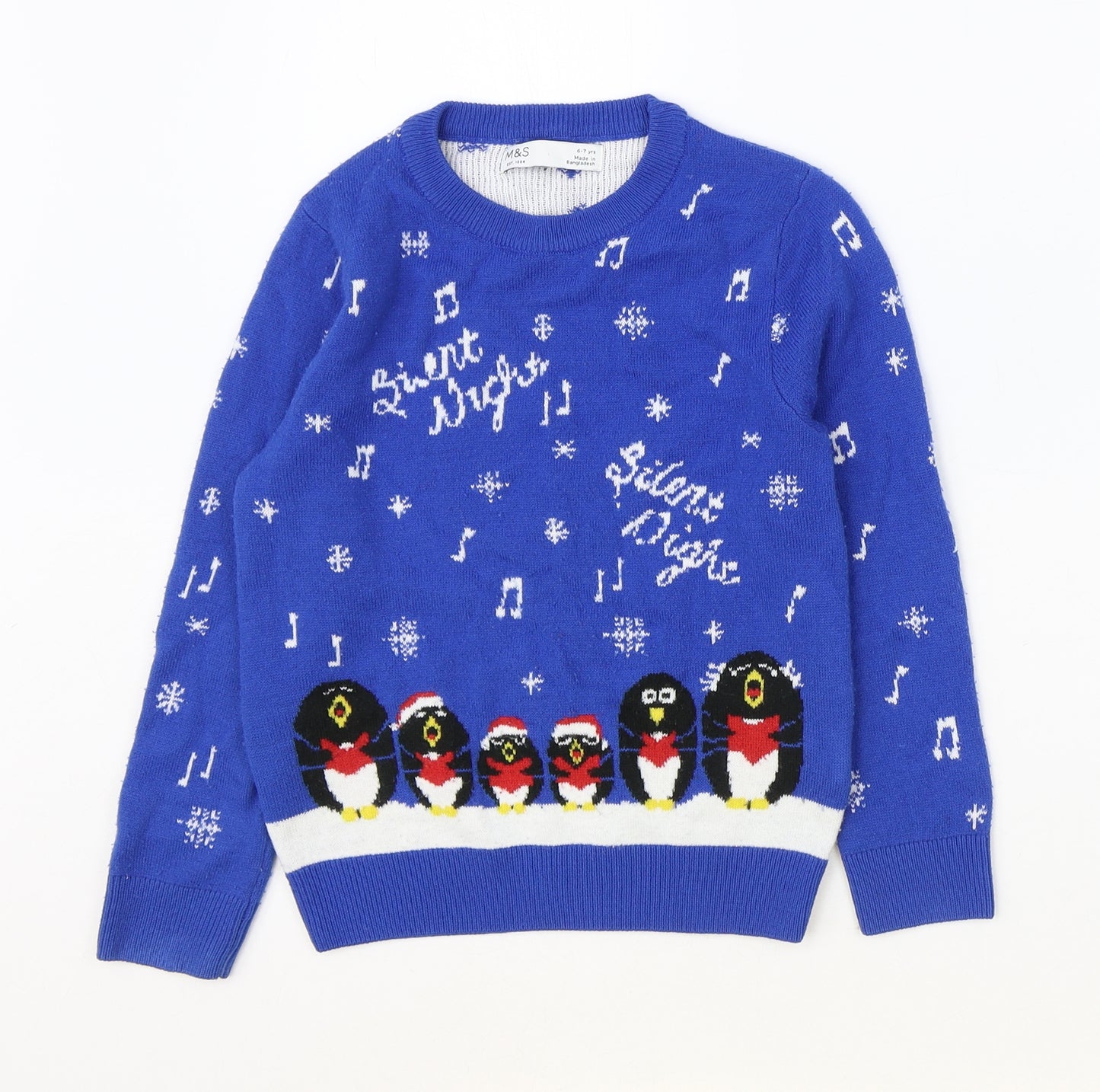 Marks and Spencer Boys Blue Round Neck Geometric Acrylic Pullover Jumper Size 6-7 Years Pullover - Christmas