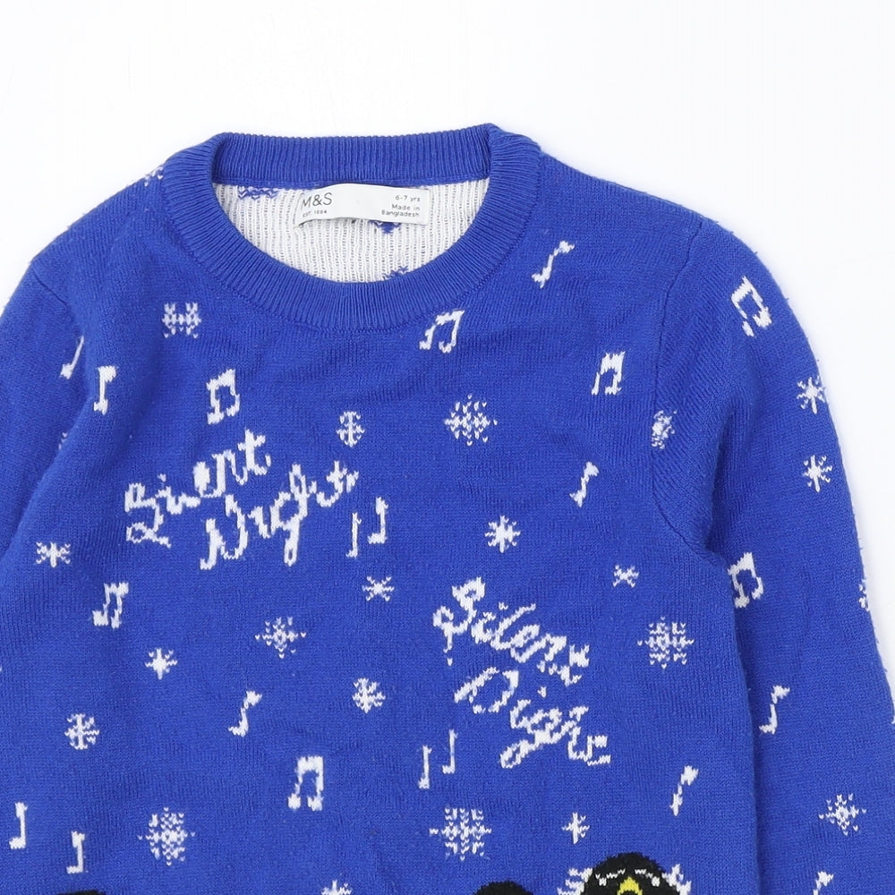 Marks and Spencer Boys Blue Round Neck Geometric Acrylic Pullover Jumper Size 6-7 Years Pullover - Christmas