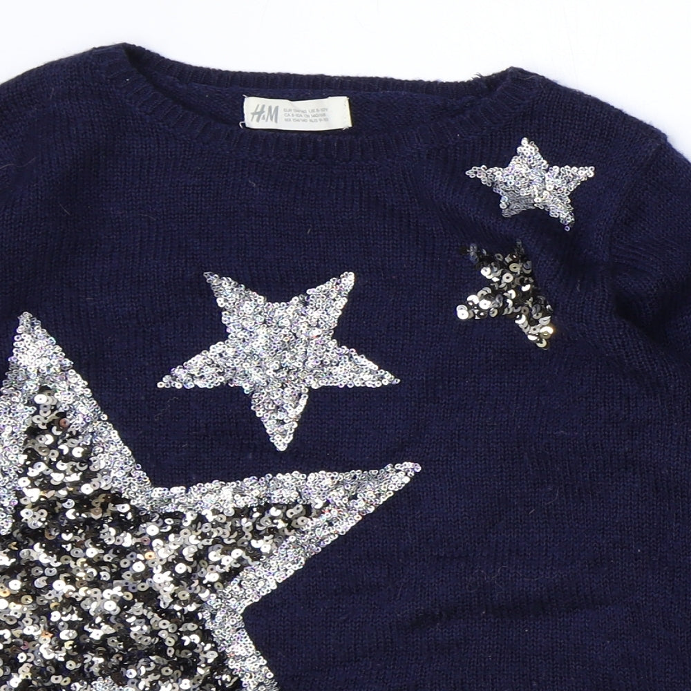 H&M Girls Blue Round Neck Acrylic Pullover Jumper Size 9-10 Years Pullover - Star
