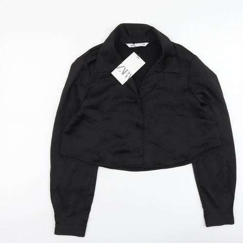 Zara Womens Black Polyester Cropped Button-Up Size M V-Neck