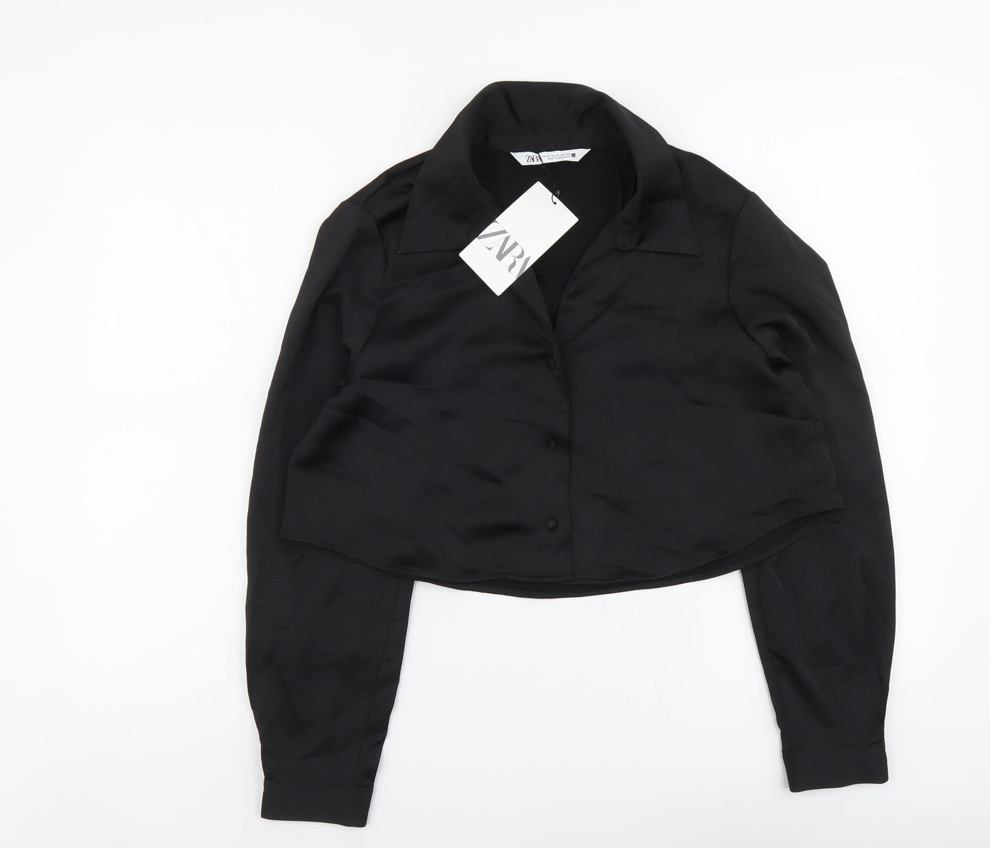 Zara Womens Black Polyester Cropped Button-Up Size M V-Neck