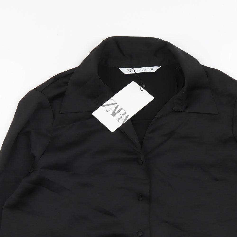 Zara Womens Black Polyester Cropped Button-Up Size M V-Neck