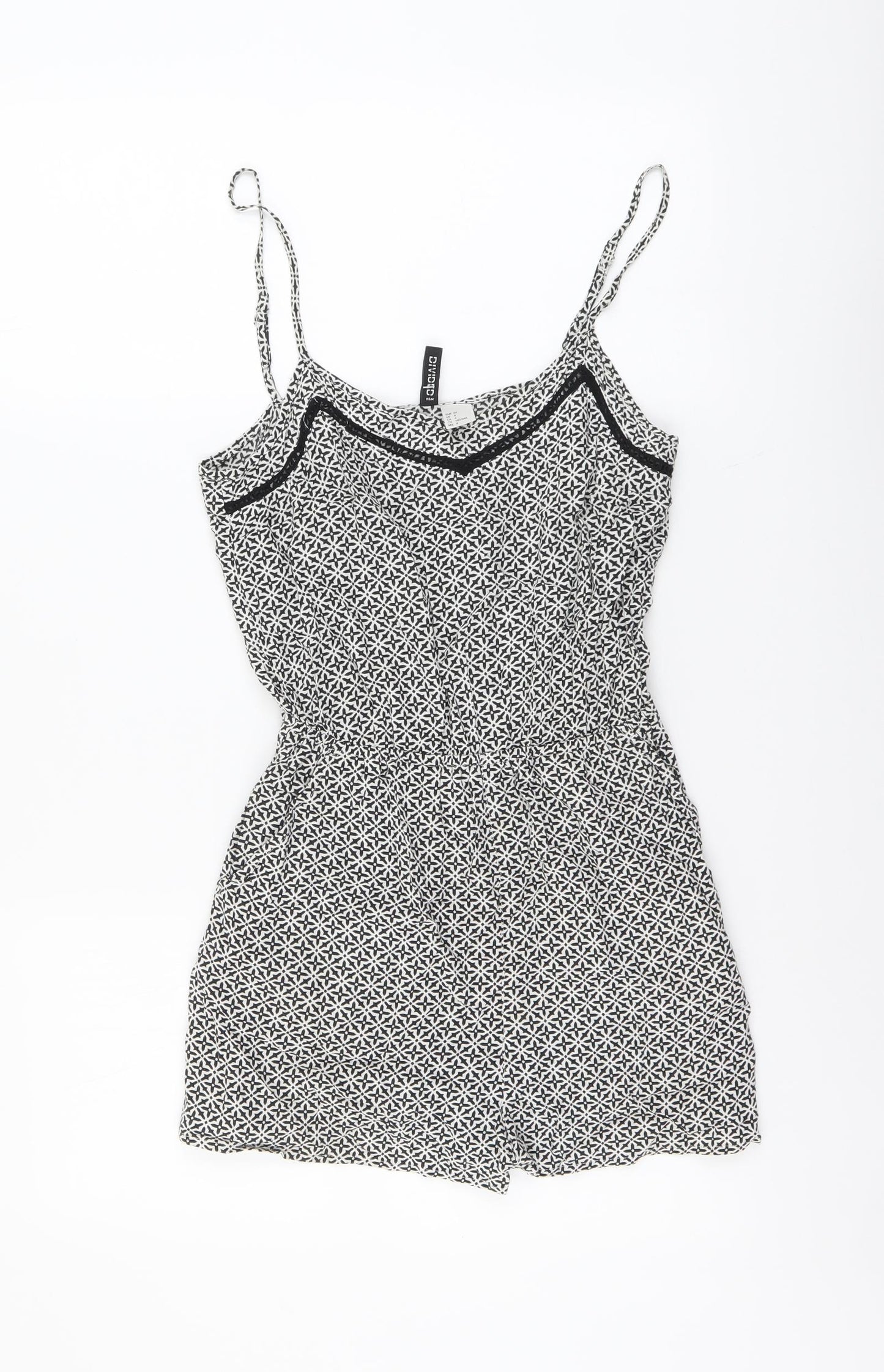 H&M Womens Black Geometric Viscose Playsuit One-Piece Size 8 Pullover