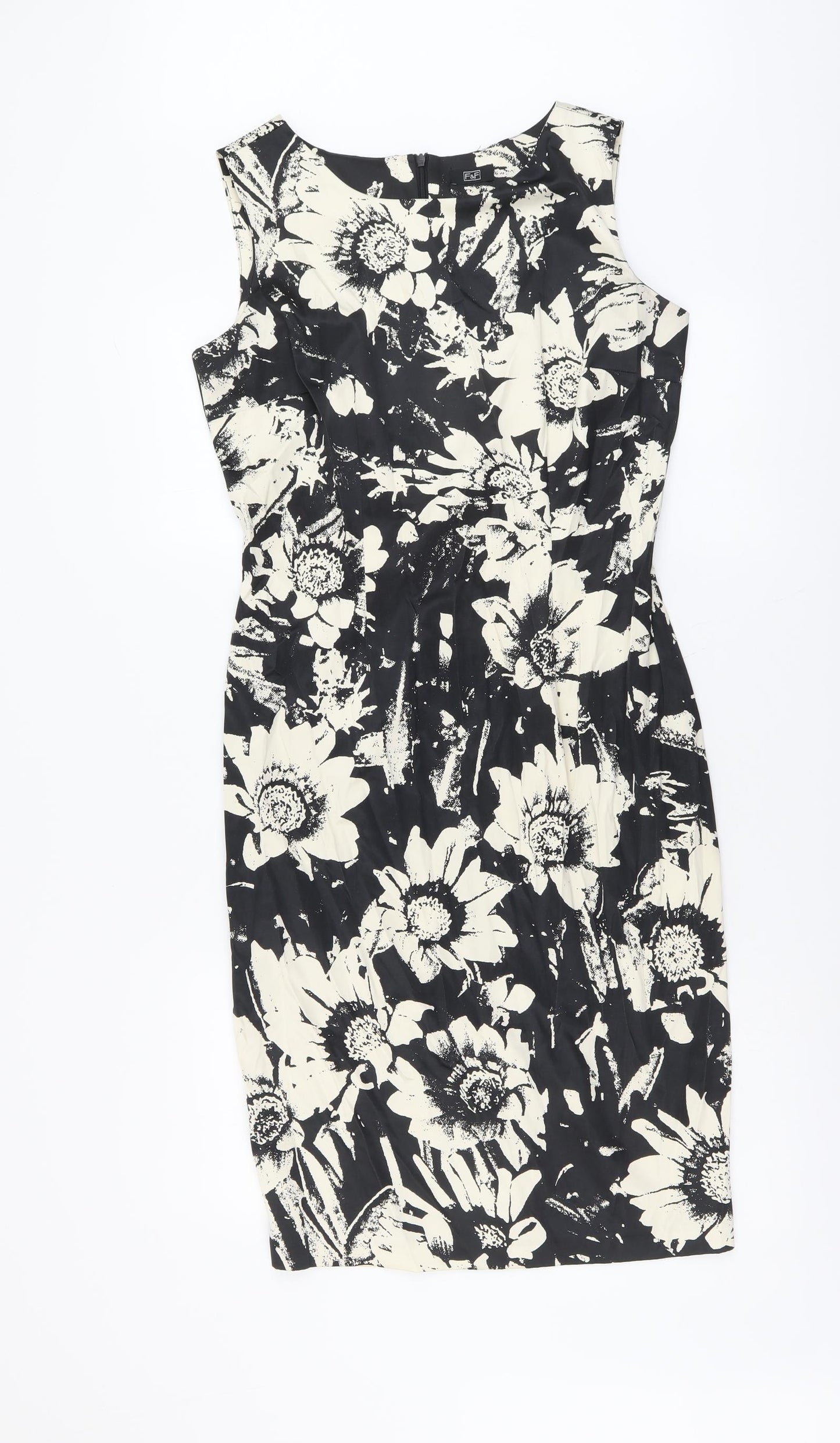 F&F Womens Black Floral Polyester A-Line Size 12 Round Neck Zip