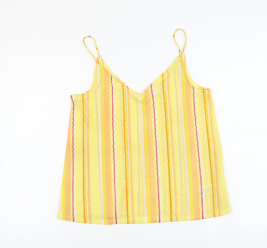 Front view of NEXT women’s yellow striped polyester camisole tank, size UK 12, v-neck