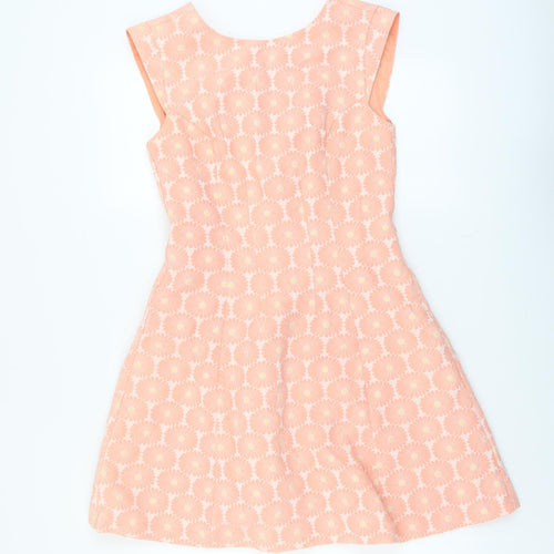 Oasis Womens Orange Geometric Polyester Fit & Flare Size 10 Round Neck Zip