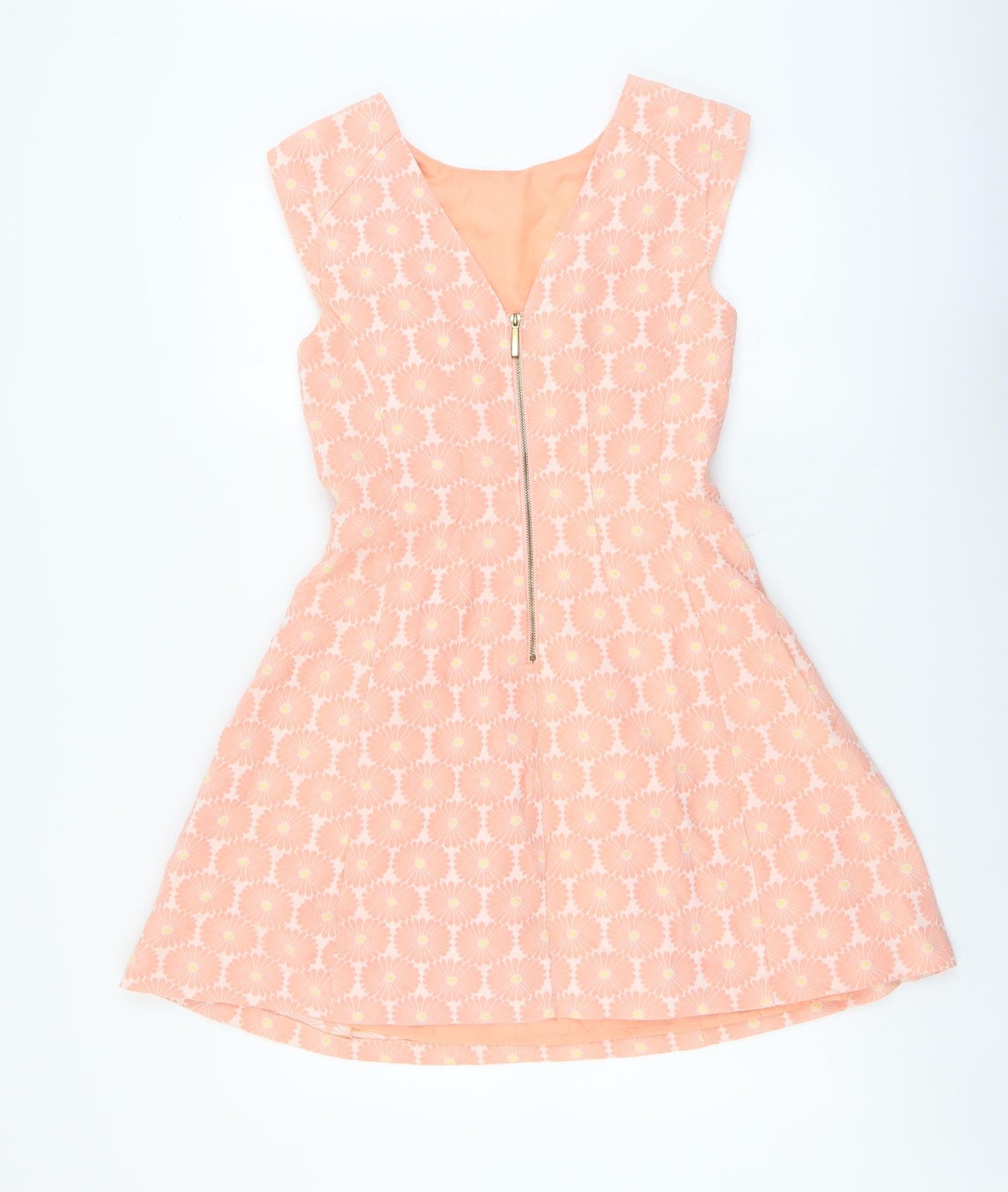 Oasis Womens Orange Geometric Polyester Fit & Flare Size 10 Round Neck Zip