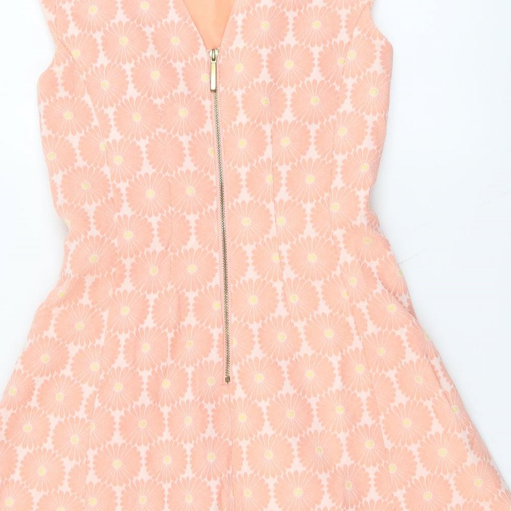 Oasis Womens Orange Geometric Polyester Fit & Flare Size 10 Round Neck Zip