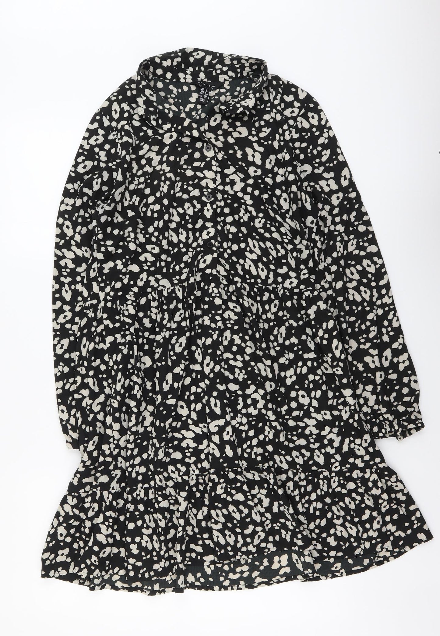 New Look Womens Black Geometric Polyester Shirt Dress Size 12 Collared Button