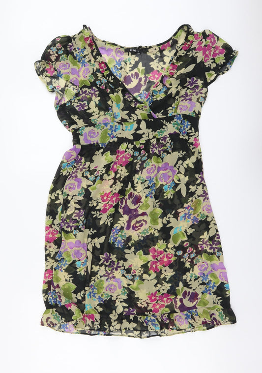 Front view of RISE women’s multicoloured floral polyester ball gown, size UK 12, v-neck pullover