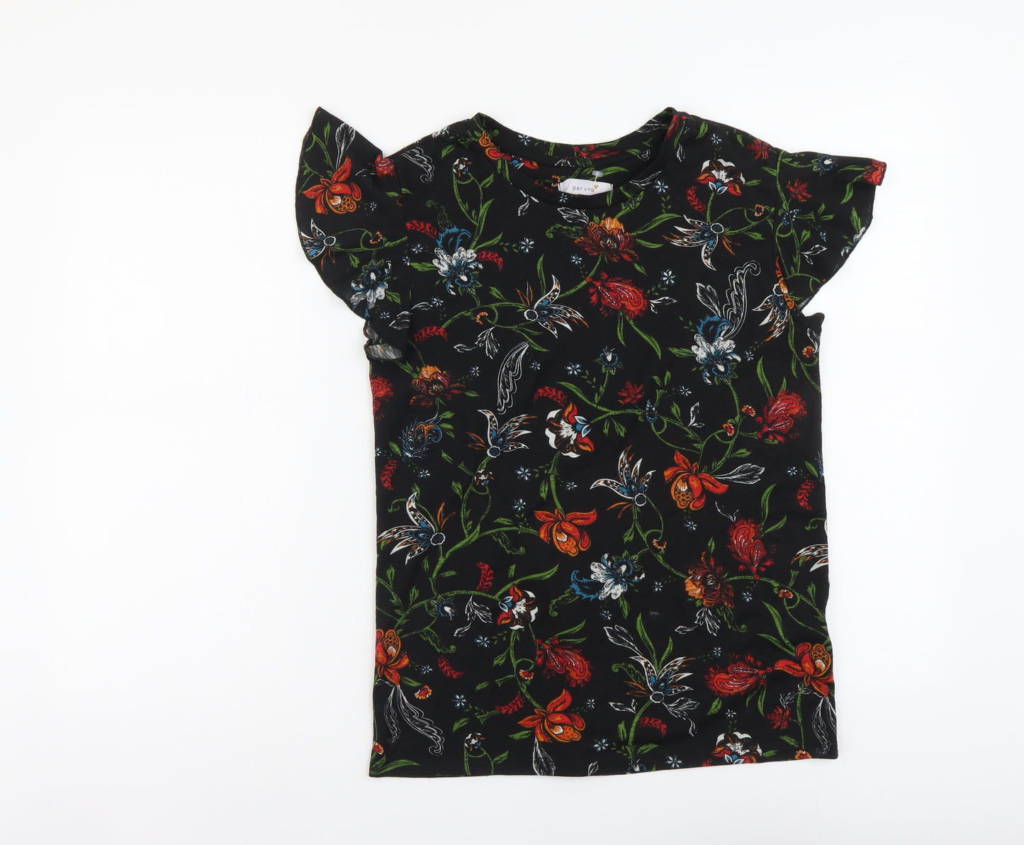Per Una Womens Black Floral Polyester Basic Blouse Size 8 Scoop Neck
