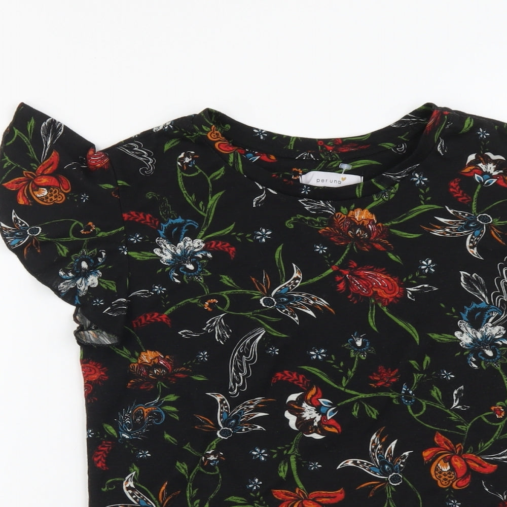 Per Una Womens Black Floral Polyester Basic Blouse Size 8 Scoop Neck