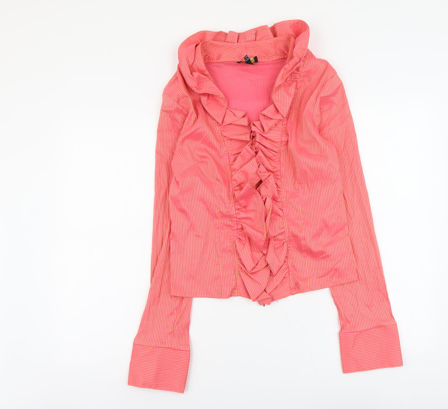 Unique Womens Pink Striped Polyester Basic Blouse Size 4 V-Neck