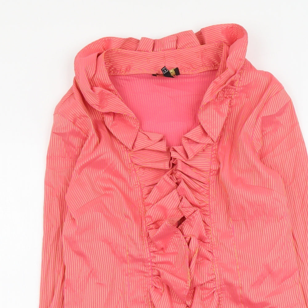 Unique Womens Pink Striped Polyester Basic Blouse Size 4 V-Neck