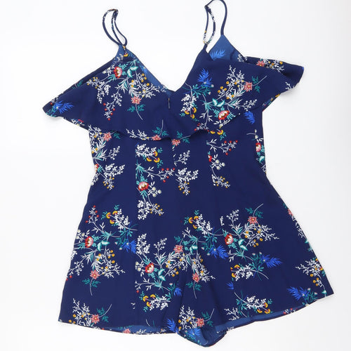 FOREVER 21 Womens Blue Floral Polyester Playsuit One-Piece Size S Zip