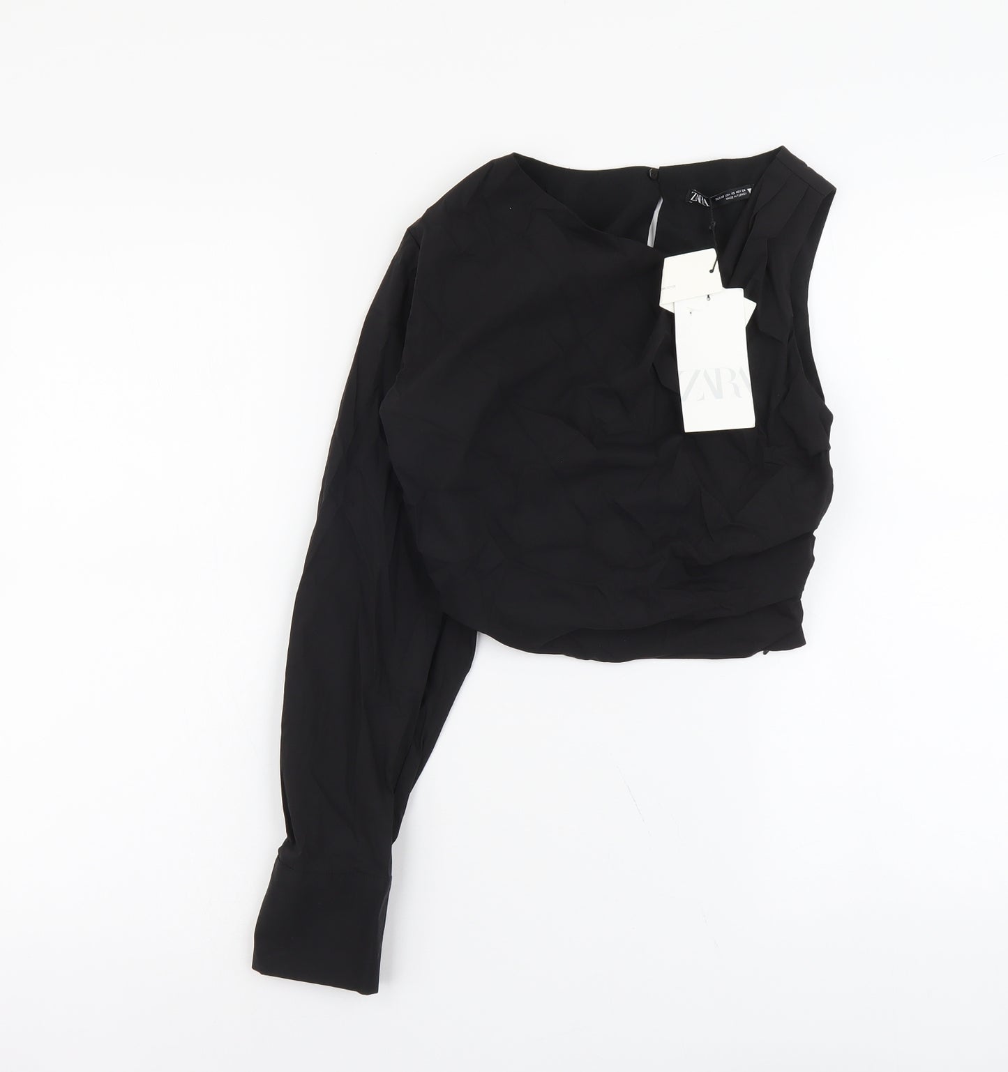 Zara Womens Black Polyester Cropped Blouse Size XS One Shoulder - Ruched