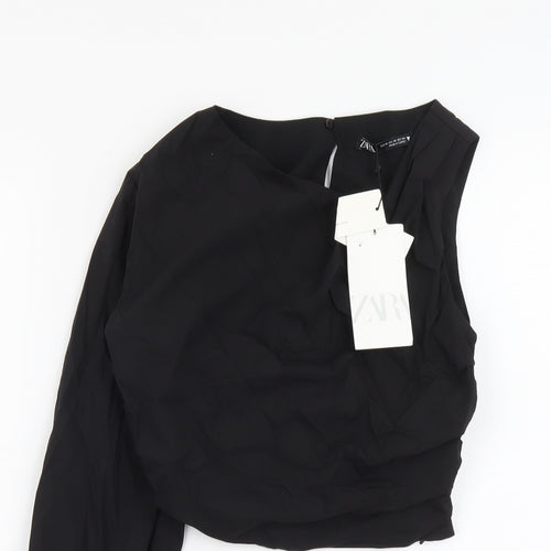 Zara Womens Black Polyester Cropped Blouse Size XS One Shoulder - Ruched