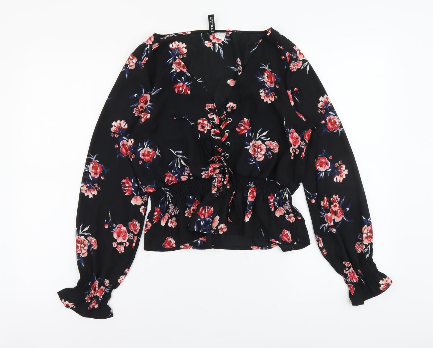 H&M Womens Black Floral Polyester Cropped Blouse Size 12 V-Neck
