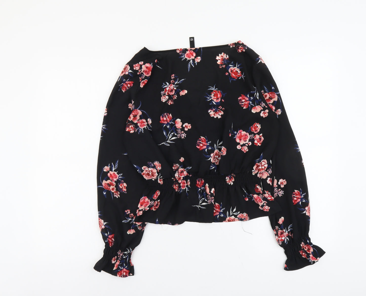 H&M Womens Black Floral Polyester Cropped Blouse Size 12 V-Neck