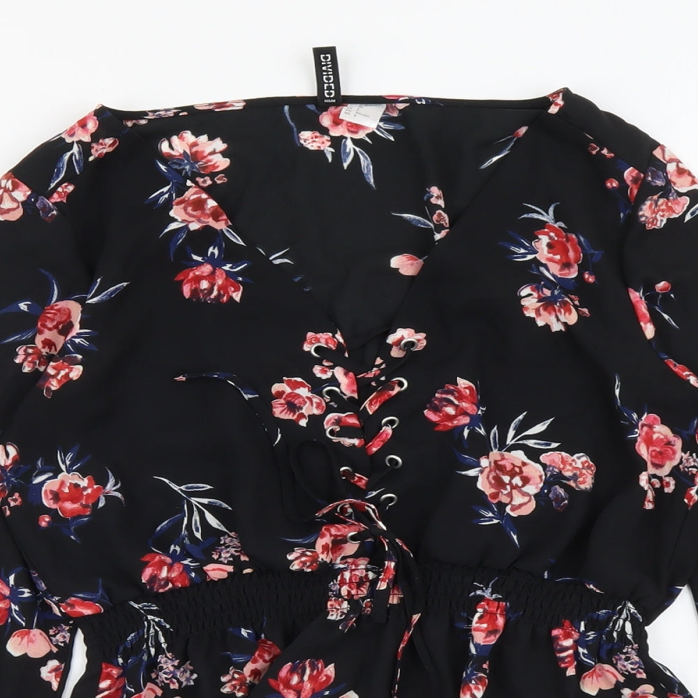 H&M Womens Black Floral Polyester Cropped Blouse Size 12 V-Neck