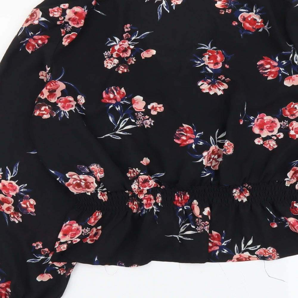 H&M Womens Black Floral Polyester Cropped Blouse Size 12 V-Neck