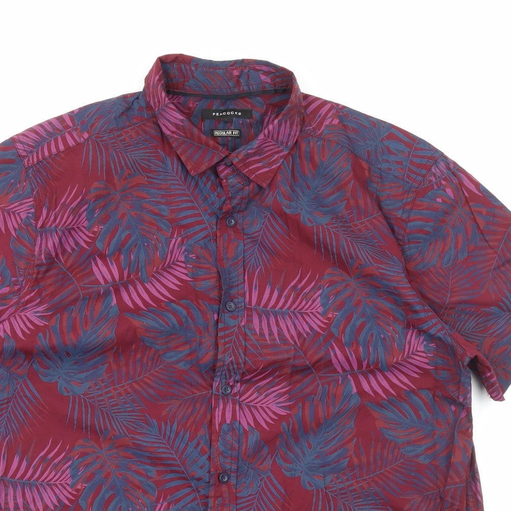 Peacocks Mens Red Geometric Cotton Button-Up Size L Collared Button - Leaf Print