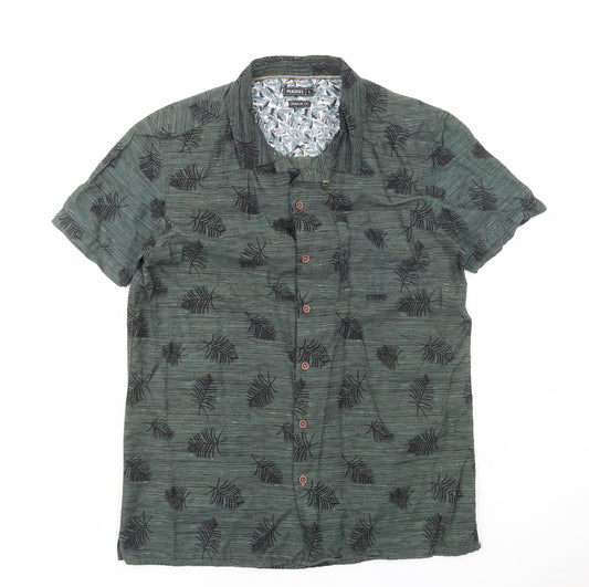 Peacocks Mens Green Geometric Cotton Button-Up Size L Collared Button - Leaf Print