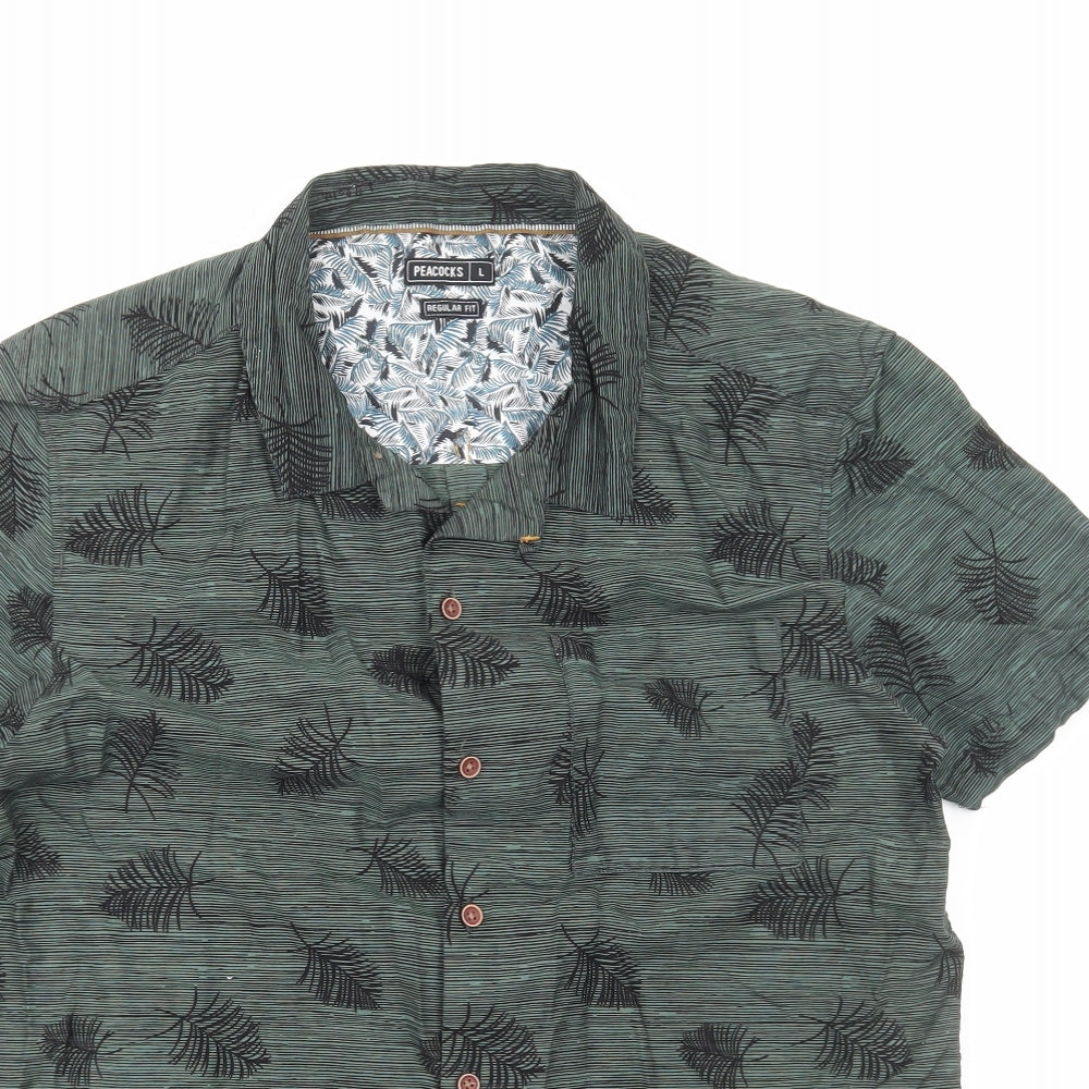 Peacocks Mens Green Geometric Cotton Button-Up Size L Collared Button - Leaf Print